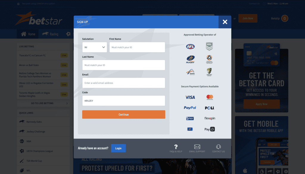 Betstar signing up