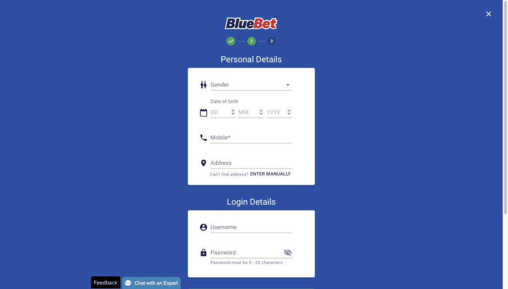 Bluebet Sign up personal details