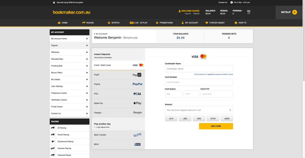 Bookmaker Deposit screen