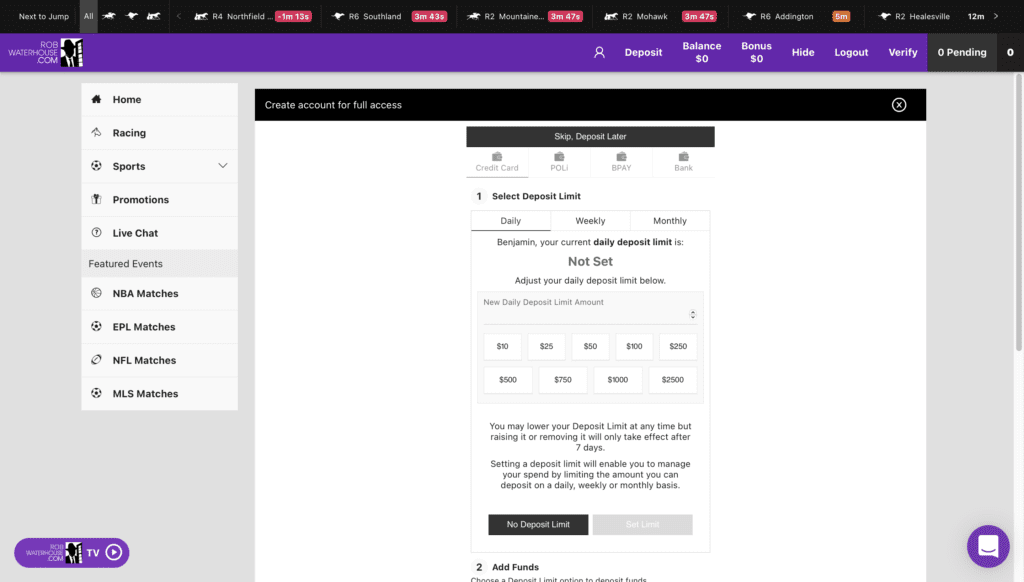 Rob Waterhouse Deposit Limit