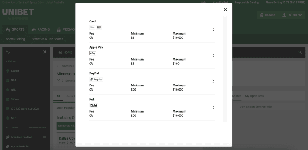 Unibet depositing choices