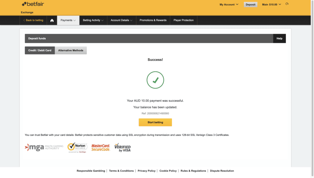 Betfair deposit successful