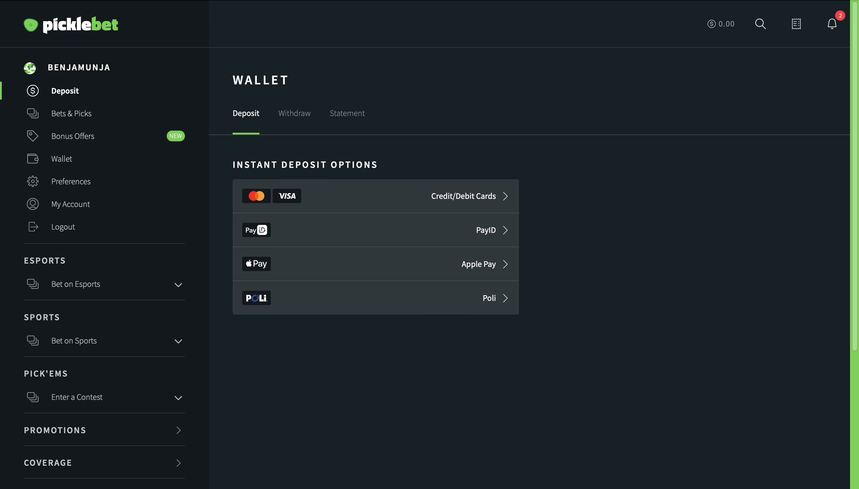 Picklebet Deposit options