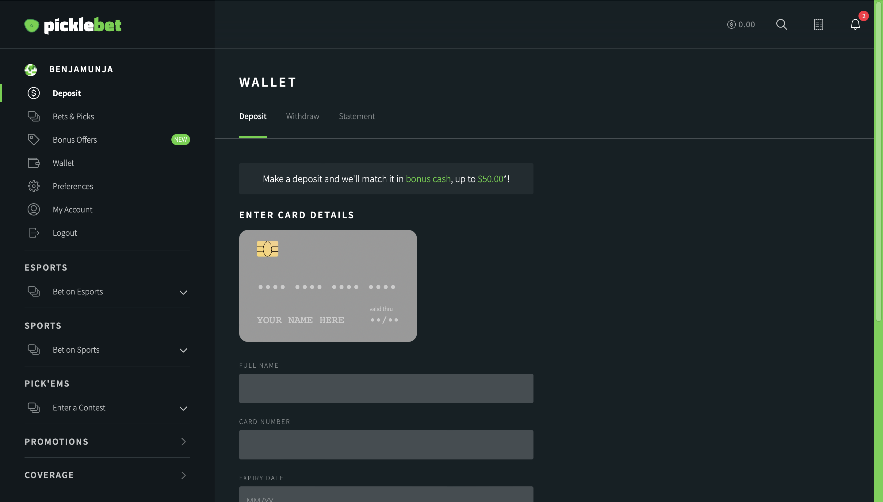 Picklebet deposit screen