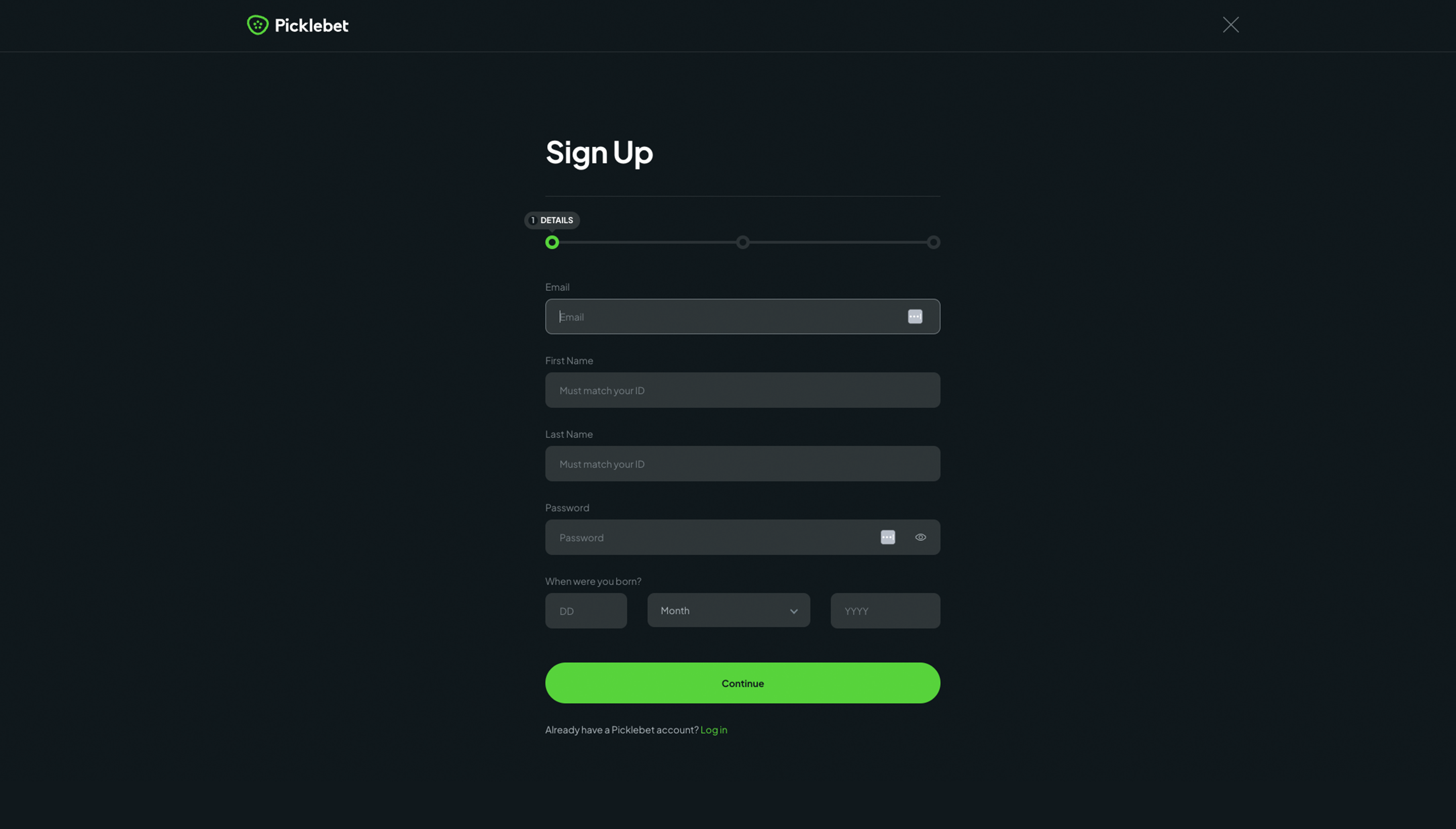 Picklebet sign up page screenshot