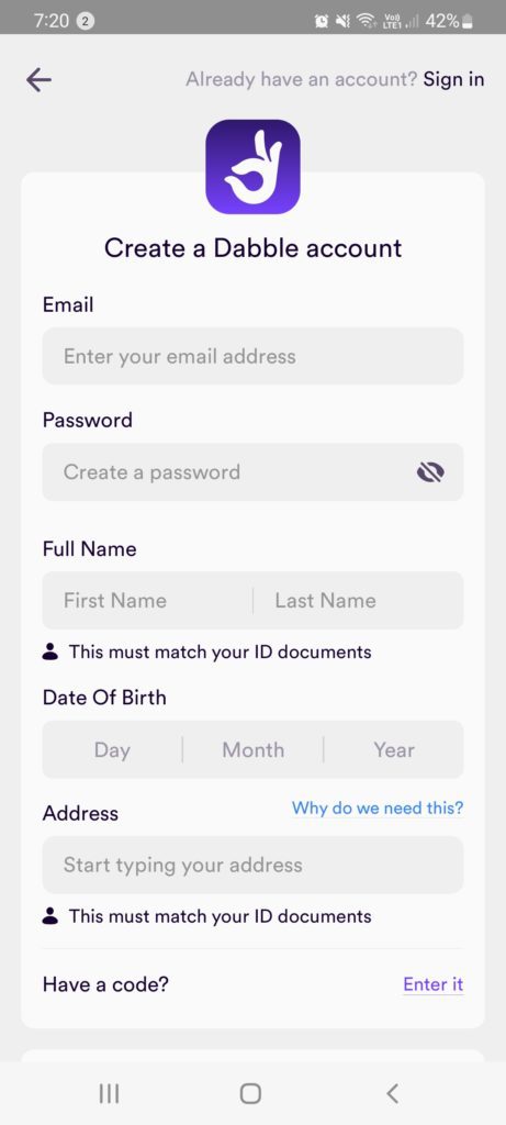 Dabble Sign up screen 1
