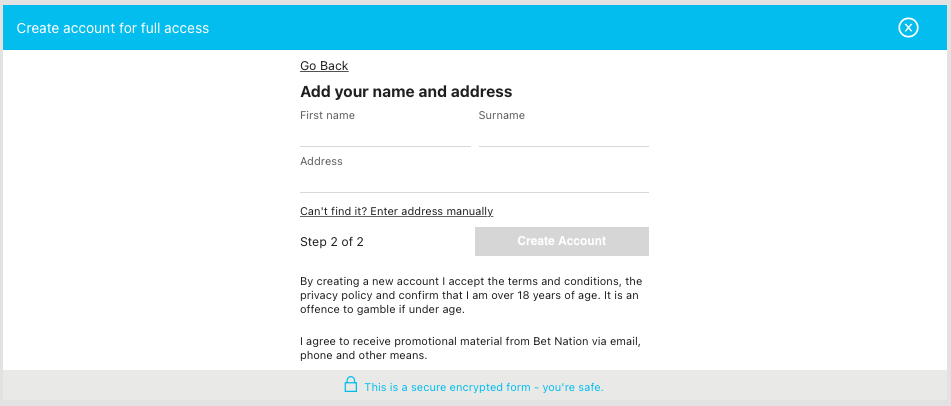 Bet Nation Sign Up Step 2