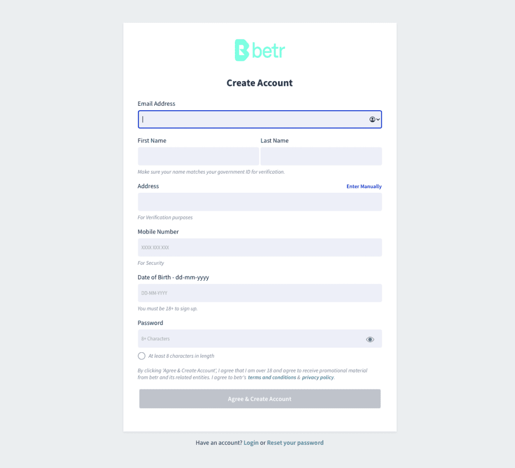 betr sign up process