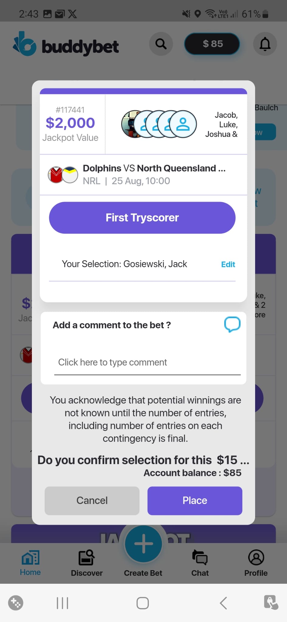 Screenshot of a bet placed on AFL player disposals using the jackpot feature on BuddyBet.
